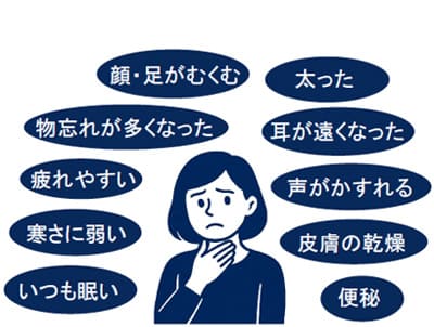 甲状腺機能低下症の症状。いつも眠い、寒さに弱い、疲れやすい、物忘れが多くなった、顔・足がむくむ、太った、耳が遠くなった、声がかすれる、皮膚の乾燥、便秘